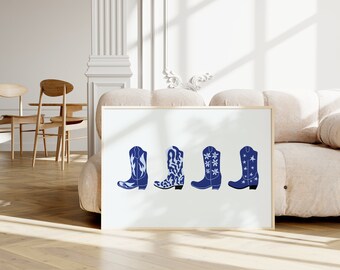 blue coastal cowgirl print cowgirl boots western aesthetic trendy apartment college dorm decor blue girly room art cowgirl bedroom poster