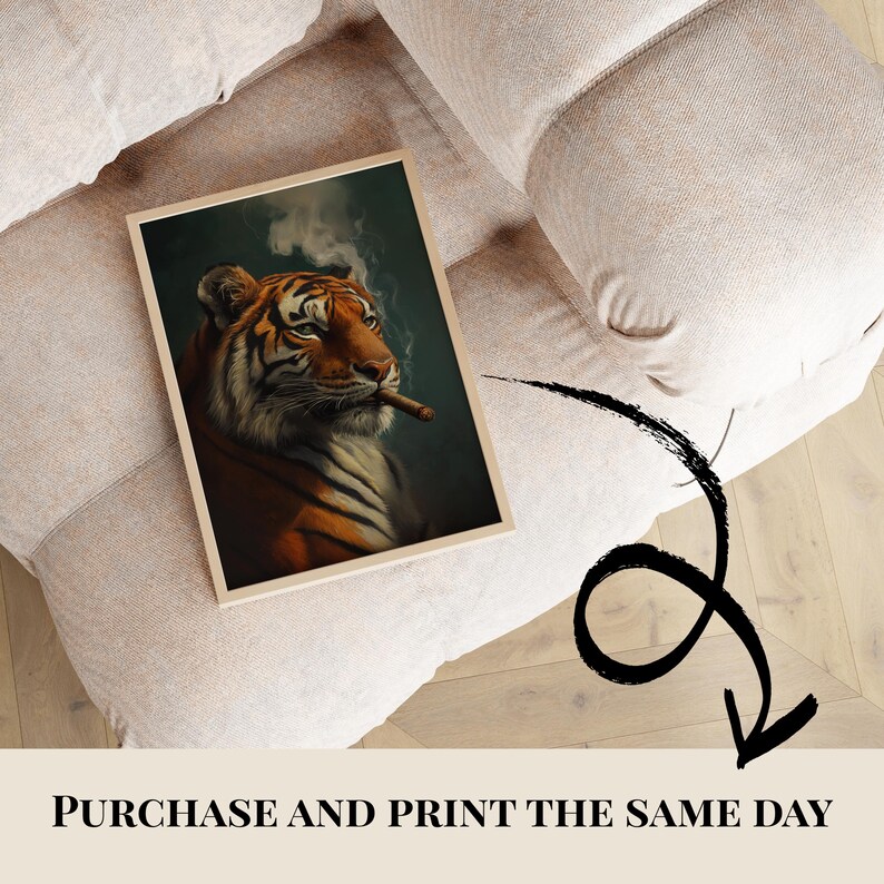 Tiger Wall Art Cigar Lounge Decor Vintage Animal Wall Art Aesthetic Man Cave Decor Animal Bar Cart Poster Smokers Painting Mens Wall Art image 2