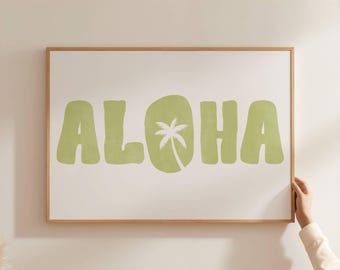 aloha wall art coastal prints trendy wall art vacation house decor vintage tropical decor retro palm tree wall art green typography poster