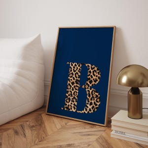 Custom B Initial Wall Art Leopard Fashion Art Lucky Girl Syndrome Chic Girly Dorm Decor Trendy Navy Leopard Wall Prints Aesthetic Navy Decor