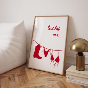 Modny nadruk bikini dziewczęcy czerwony wystrój ścienny plakat Lucky Me Coastal Cowgirl nadruk estetyczny wystrój akademika plakat letni Preppy College Apartment