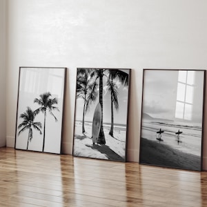 Set van 3 zwart-witte kustkunst modern kantoordecor minimalistisch strandhuisdecor luxe mode print surfer prints palmboom esthetiek
