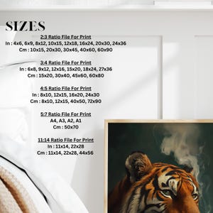 May include: A close-up of a tiger's face with smoke behind it. The image is framed in a wooden frame. The text below the image lists different print sizes in inches and centimeters.