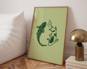 Arte de pared de pez koi verde, minimalista, moderno, estilo náutico, impresión japonesa moderna, estética retro vintage, impresión para sala de estar moderna