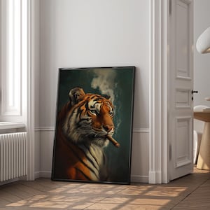 May include: A framed print of a tiger with a serious expression, smoking a cigar against a dark green background. The tiger has orange and black stripes and a white muzzle.