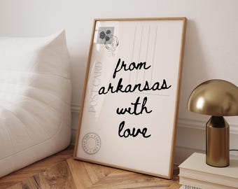 From Arkansas With Love Trendy Postcard Print Arkansas State Travel Print Black Typography Art Minimalist Preppy Dorm Prints Over Bed Poster