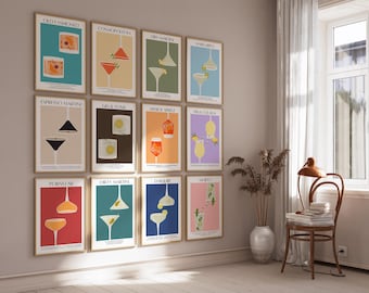 Set of 12 Cocktail Recipe Print Retro Bar Cart Decor Classic Cocktail Wall Art Aesthetic Alcohol Poster College Apartment Bar Cart Decor Art