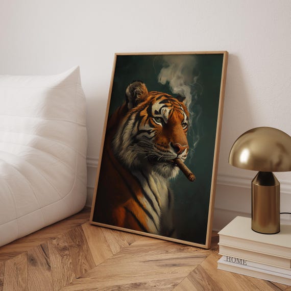 Tiger Wall Art Cigar Lounge Decor Vintage Animal Wall Art Aesthetic Man Cave Decor Animal Bar Cart Poster Smokers Painting Mens Wall Art