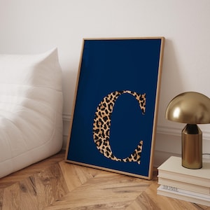 Custom C Initial Wall Art Leopard Fashion Art Lucky Girl Syndrome Chic Girly Dorm Decor Trendy Navy Leopard Wall Print Aesthetic Navy Decor