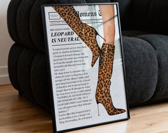 leopard boot print trendy wall art vintage newspaper art girly retro printable wall art poster magazine dorm wall decor chic aesthetic print