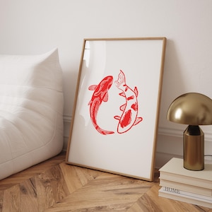 Red Koi Fish Wall Art Minimalist Bathroom Trendy Chic Nautical Style Modern Japanese Print Vintage Retro Aesthetic Modern Living Room Prints