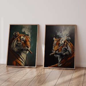 May include: Two framed prints of a tiger with a cigar in its mouth. The tiger in the left print has a dark green background, while the tiger in the right print has a dark gray background. Both tigers have smoke coming from the cigar.