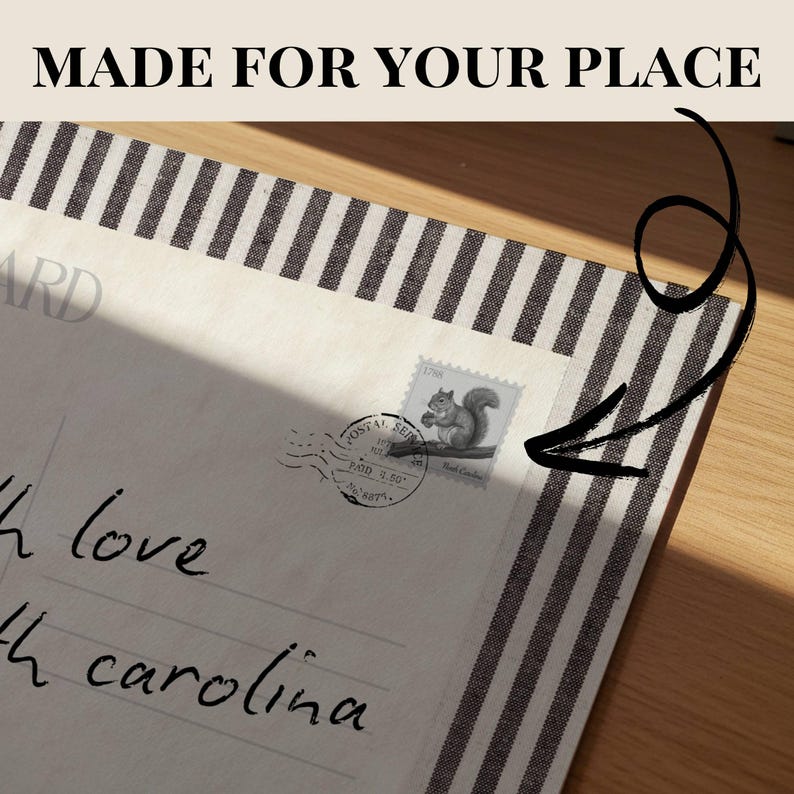 May include: A rectangular card with a black and white striped border featuring the text MADE FOR YOUR PLACE at the top. The card includes a postage stamp with a squirrel illustration, a circular postmark, and handwritten text reading with love and north carolina.