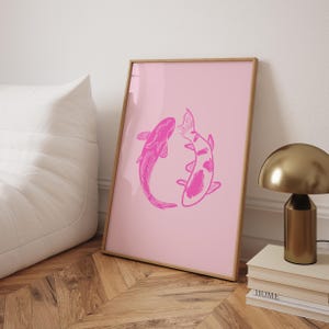 Pink Koi Fish Wall Print Minimal Office Art Trendy Chic Nautical Style Girly Japanese Print Vintage Retro Aesthetic Modern Living Room Print