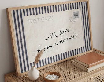 Marineblauw uit Wisconsin met liefde uit Wisconsin, muurdecoratie in rustieke boerderijstijl voor de keuken, ansichtkaart uit Wisconsin als muurdecoratie, vintage ansichtkaartprint