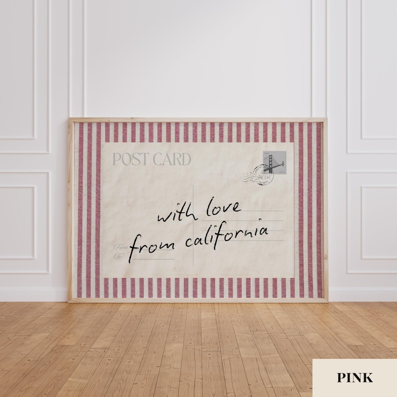 May include: A rectangular framed wall art piece featuring a vintage postcard design with the text POST CARD and with love from california in black script. The border consists of vertical red and white stripes on a light cream background.