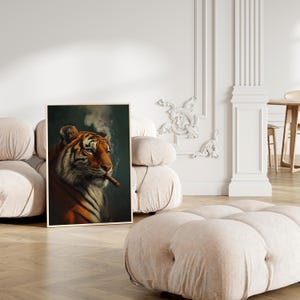 May include: A close-up of a tiger with orange and black stripes, looking to the side. The tiger is smoking a cigar and has a serious expression on its face. The background is a dark green color with smoke coming from the cigar.