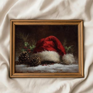 santa hat with pinecones painting cozy holiday still life christmas print artwork for living room christmas decoration red moody holiday art