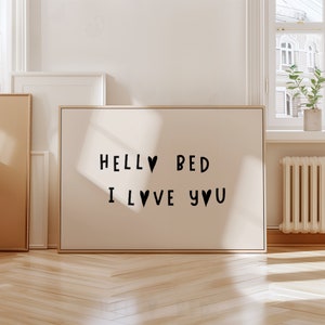 Cama preta Olá Eu te amo Impressão Minimalista Decoração de casa Citação fofa Citação para cima da cama Arte de casal da moda Coração vermelho Estética Citação introvertida