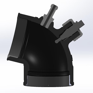 May include: A black plastic pipe fitting with a 90-degree angle and a side outlet. The fitting has a threaded connection on the side outlet and a smooth connection on the main outlet.