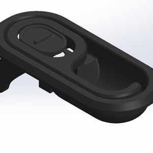 May include: Black plastic oval-shaped handle with a recessed button and a pull-out tab.
