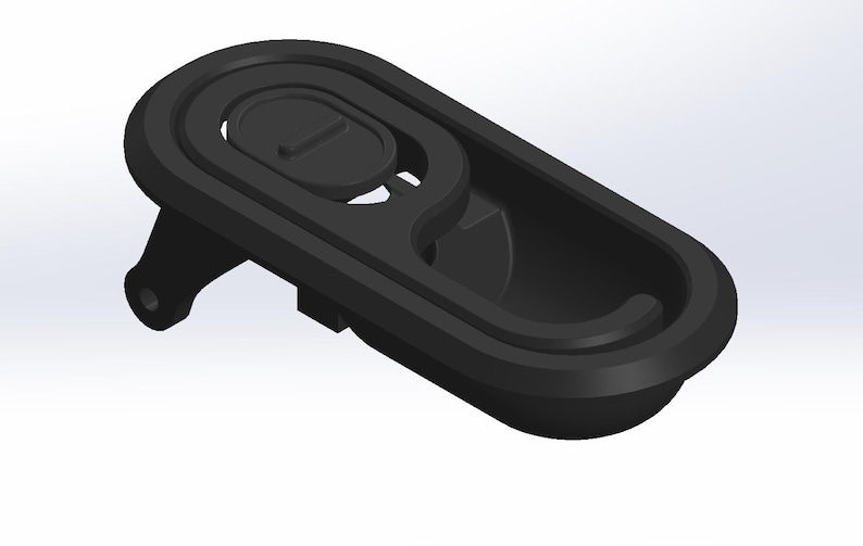 May include: Black plastic oval-shaped handle with a recessed button and a pull-out tab.