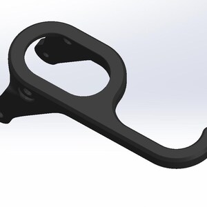 May include: A black plastic hook with a rounded handle and a curved hook. The hook is designed to be mounted on a wall or other surface.