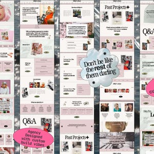 Op de afbeelding: Een digitale website-template voor een creatief social media bureau genaamd Only Lola, met een zachtroze en wit kleurenpalet, meerdere paginasecties, servicepakketten, portfolio-displays en de tekst Don't be like the rest of them darling.