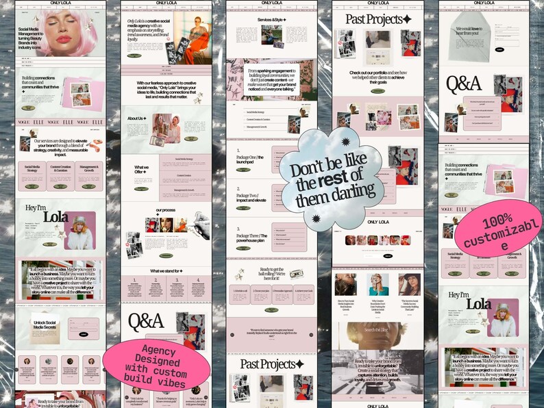 Op de afbeelding: Een digitale website-template voor een creatief social media bureau genaamd Only Lola, met een zachtroze en wit kleurenpalet, meerdere paginasecties, servicepakketten, portfolio-displays en de tekst Don't be like the rest of them darling.