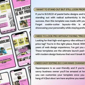 May include: A digital display of multiple mobile phone screens showcasing a website template with a bold colour palette of bright pink and lime green. The screens feature text headers like HI, I'M CAROLINE and WHAT I BRING TO THE TABLE.