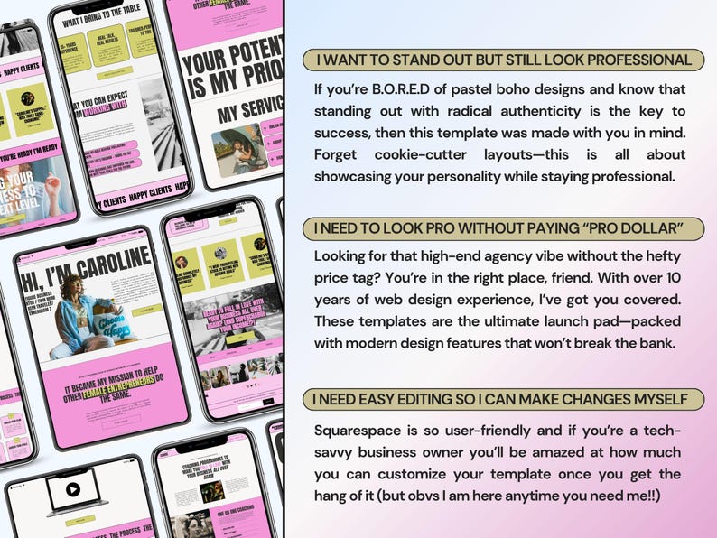 May include: A digital display of multiple mobile phone screens showcasing a website template with a bold colour palette of bright pink and lime green. The screens feature text headers like HI, I'M CAROLINE and WHAT I BRING TO THE TABLE.