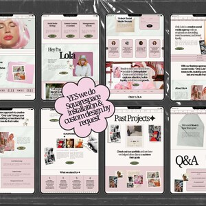 Op de afbeelding: Een digitale weergave van acht website-interface-mockups met een zachtroze en wit kleurenpalet, inclusief tekst, fotografie en een centrale roze wolk-vormige afbeelding met de tekst: YES we do Squarespace installation & custom design by request.
