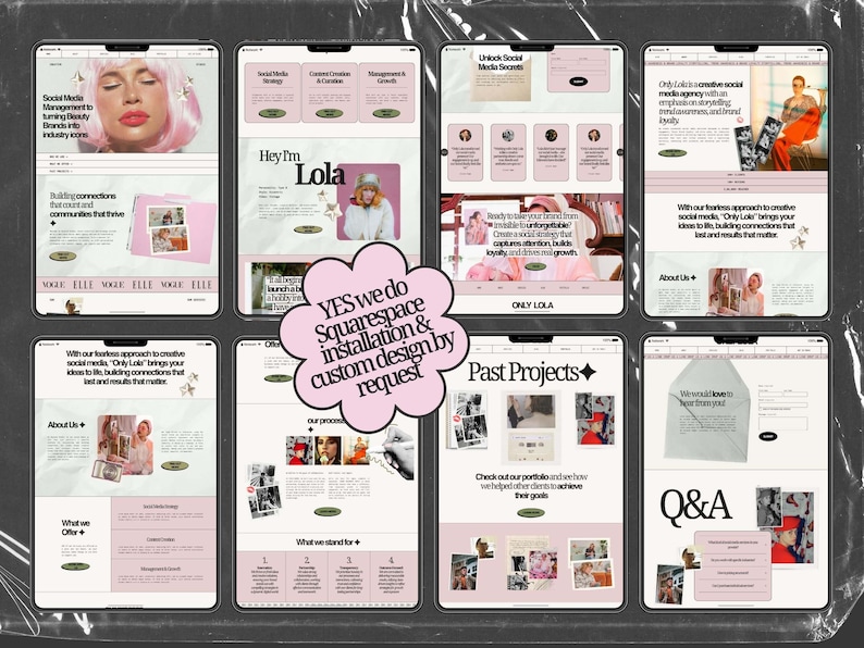 Op de afbeelding: Een digitale weergave van acht website-interface-mockups met een zachtroze en wit kleurenpalet, inclusief tekst, fotografie en een centrale roze wolk-vormige afbeelding met de tekst: YES we do Squarespace installation & custom design by request.