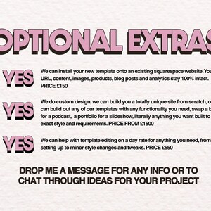 May include: A graphic with the heading OPTIONAL EXTRAS in pink letters. Three green checkmarks precede the word YES in pink. Text describes website template installation, custom design services, and template editing. Ends with a call to message.