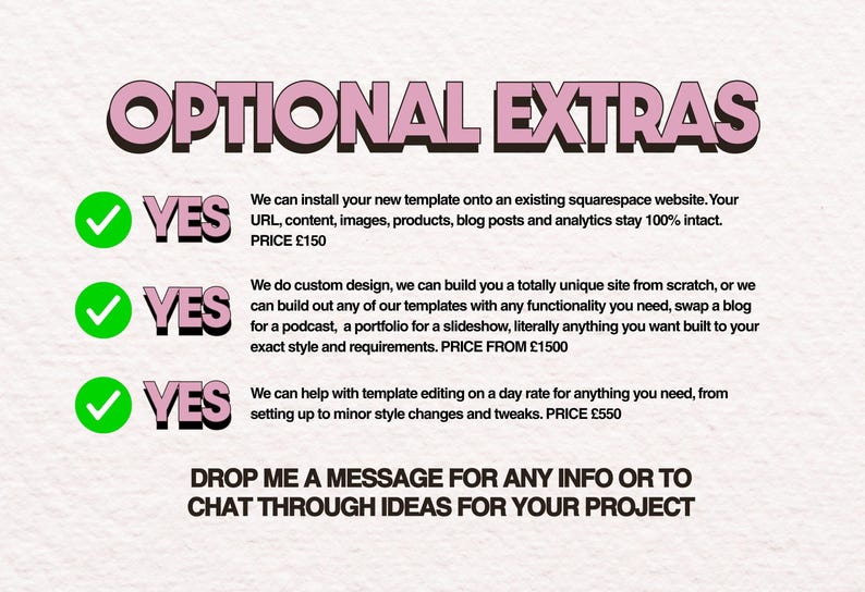 May include: A graphic with the heading OPTIONAL EXTRAS in pink letters. Three green checkmarks precede the word YES in pink. Text describes website template installation, custom design services, and template editing. Ends with a call to message.