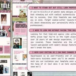 May include: A digital website template design featuring a light pink background with black text. The layout includes sections titled I WANT TO STAND OUT BUT STILL LOOK PROFESSIONAL, I NEED TO LOOK PRO WITHOUT PAYING PRO DOLLAR, and I NEED EASY EDITING SO I CAN MAKE CHANGES MYSELF.