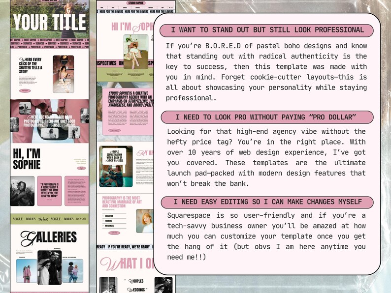 May include: A digital website template design featuring a light pink background with black text. The layout includes sections titled I WANT TO STAND OUT BUT STILL LOOK PROFESSIONAL, I NEED TO LOOK PRO WITHOUT PAYING PRO DOLLAR, and I NEED EASY EDITING SO I CAN MAKE CHANGES MYSELF.
