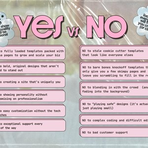 May include: A graphic chart titled YES vs NO with pink text on a light background. The YES column lists six professional benefits, while the NO column lists six drawbacks. Two cloud-shaped bubbles contain text about personality and credibility.