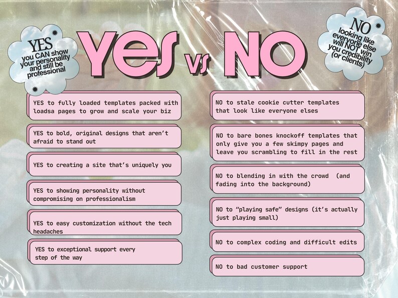 May include: A graphic chart titled YES vs NO with pink text on a light background. The YES column lists six professional benefits, while the NO column lists six drawbacks. Two cloud-shaped bubbles contain text about personality and credibility.