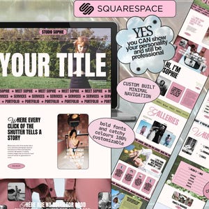May include: A digital website template display featuring a pink and black color scheme with bold typography. The layout includes sections titled YOUR TITLE, STUDIO SOPHIE, GALLERIES, and WHAT I OFFER, alongside various image placeholders and text blocks.