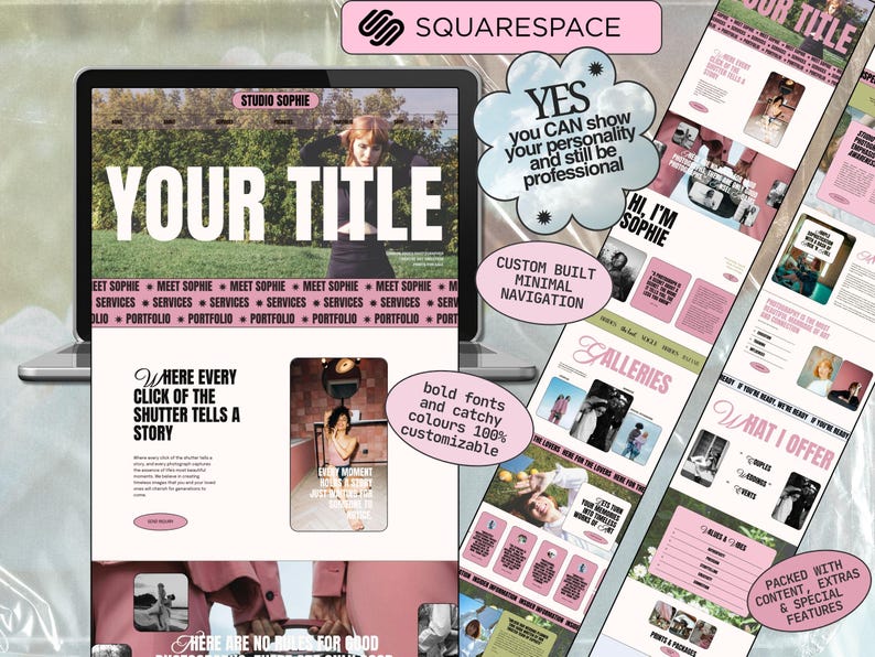 May include: A digital website template display featuring a pink and black color scheme with bold typography. The layout includes sections titled YOUR TITLE, STUDIO SOPHIE, GALLERIES, and WHAT I OFFER, alongside various image placeholders and text blocks.