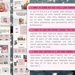 Op de afbeelding: Een digitale marketing website template met een roze en wit kleurenschema, voorzien van secties met de titels I WANT TO STAND OUT BUT STILL LOOK PROFESSIONAL, I NEED TO LOOK PRO WITHOUT PAYING PRO DOLLAR en I NEED EASY EDITING SO I CAN MAKE CHANGES MYSELF.