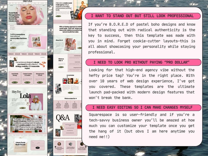 Op de afbeelding: Een digitale marketing website template met een roze en wit kleurenschema, voorzien van secties met de titels I WANT TO STAND OUT BUT STILL LOOK PROFESSIONAL, I NEED TO LOOK PRO WITHOUT PAYING PRO DOLLAR en I NEED EASY EDITING SO I CAN MAKE CHANGES MYSELF.