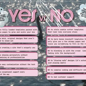 Op de afbeelding: Een vergelijkingstabel getiteld YES vs NO met roze tekstvakken die voor- en nadelen opsommen. De linkerkant toont YES-punten zoals uitgebreide sjablonen en gedurfde ontwerpen. De rechterkant somt NO-punten op zoals verouderde sjablonen en slechte ondersteuning. De achtergrond is een donker wateroppervlak met het silhouet van een zwaan.