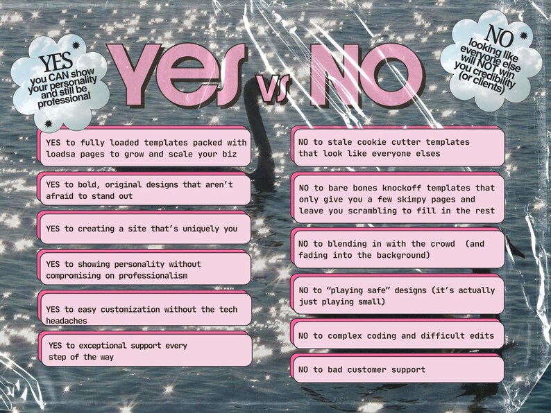 Op de afbeelding: Een vergelijkingstabel getiteld YES vs NO met roze tekstvakken die voor- en nadelen opsommen. De linkerkant toont YES-punten zoals uitgebreide sjablonen en gedurfde ontwerpen. De rechterkant somt NO-punten op zoals verouderde sjablonen en slechte ondersteuning. De achtergrond is een donker wateroppervlak met het silhouet van een zwaan.