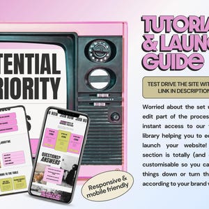 May include: A pink vintage television frame displays text including POTENTIAL, MY PRIORITY, and MY SERVICES. Two mobile devices show website layouts with pink and yellow accents. Text includes TUTORIALS & LAUNCH GUIDE, TEST DRIVE THE SITE WITH DEMO LINK IN DESCRIPTION, and Responsive & mobile friendly.