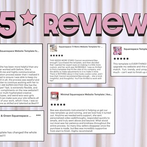 May include: A graphic display featuring the text 5 REVIEWS in large pink letters with black outlines. Below, four rectangular customer review cards are arranged, each containing five-star ratings and written feedback regarding Squarespace website templates.