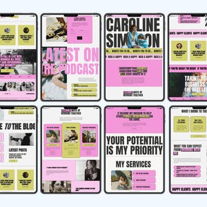 May include: Eight tablet screens displaying a website interface with a bold colour palette of bright pink, olive green, and black. The layout features large typography, various photographic portraits, and structured sections for podcast episodes, blog posts, and services.