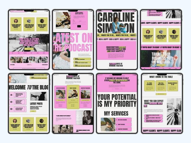 May include: Eight tablet screens displaying a website interface with a bold colour palette of bright pink, olive green, and black. The layout features large typography, various photographic portraits, and structured sections for podcast episodes, blog posts, and services.