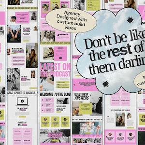 May include: A digital marketing website template featuring a pink and olive green colour scheme with black text. The design includes sections for services, podcasts, and blogs, with a large cloud-shaped graphic stating, Don't be like the rest of them darling.